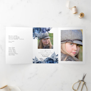 Invitation Trois Volets Quinceañera Navy et Blanc avec motifs floraux en f