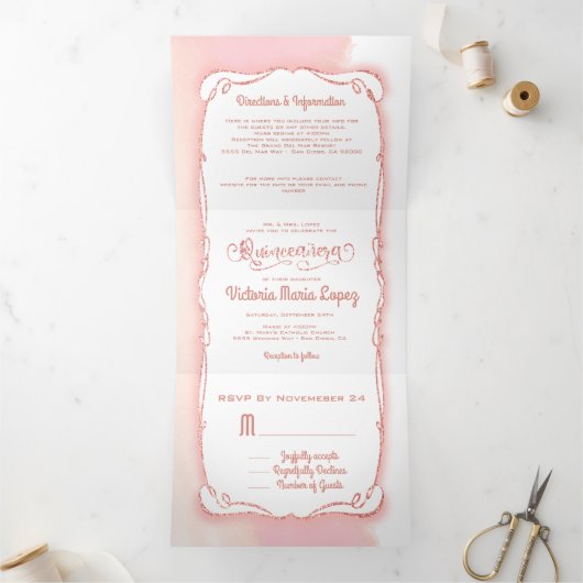 Invitation Trois Volets Quinceanera Rose Gold Parties scintillant mexicain (Intérieur)