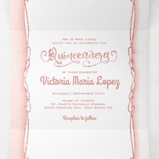 Invitation Trois Volets Quinceanera Rose Gold Parties scintillant mexicain (Intérieur au milieu)