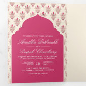 Invitation Trois Volets Rani Crème rose Ikat All in One Mariage indien (Intérieur en premier)
