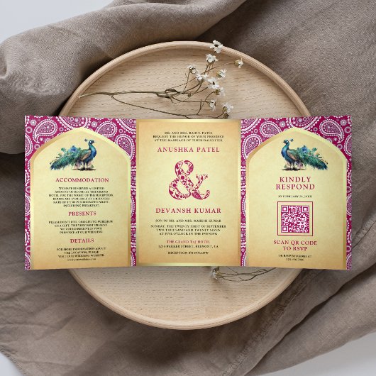 Invitation Trois Volets Rani Pink Paisley Indian Peacock Code QR Mariage