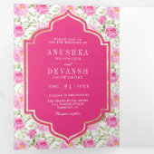 Invitation Trois Volets Rani rose motif floral QR Code Mariage indien (Intérieur en premier)