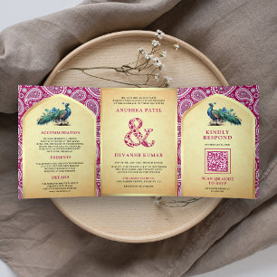 Invitation Trois Volets Rani Rose Paisley Paon Indien Code QR Mariage
