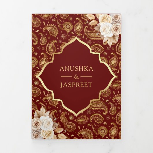 Invitation Trois Volets Red Gold Paisley Floral QR Code Mariage indien (Page de couverture)