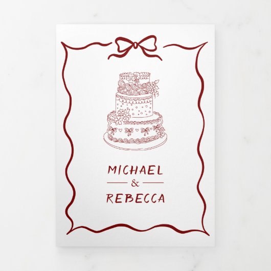 Invitation Trois Volets Red Hand Drawn Bow QR Code Photo Wedding (Page de couverture)