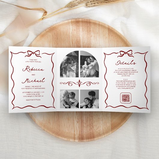 Invitation Trois Volets Red Hand Drawn Bow QR Code Photo Wedding