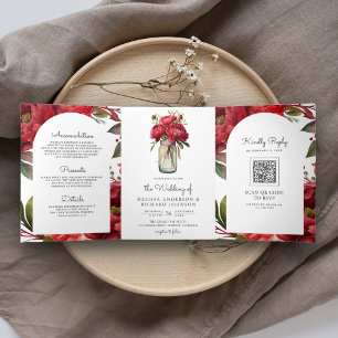 Invitation Trois Volets Red Peony Floral Mason Jar QR Code Mariage