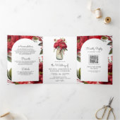 Invitation Trois Volets Red Peony Floral Mason Jar QR Code Mariage (Intérieur)