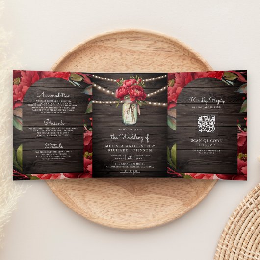 Invitation Trois Volets Red Peony Floral Mason Jar QR Code Mariage en bois