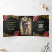 Invitation Trois Volets Red Roses Gold Lace Black QR Code Mariage photo (Intérieur)