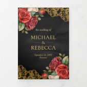 Invitation Trois Volets Red Roses Gold Lace Black QR Code Mariage photo (Page de couverture)