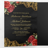 Invitation Trois Volets Red Roses Gold Lace Black QR Code Mariage photo (Intérieur en premier)