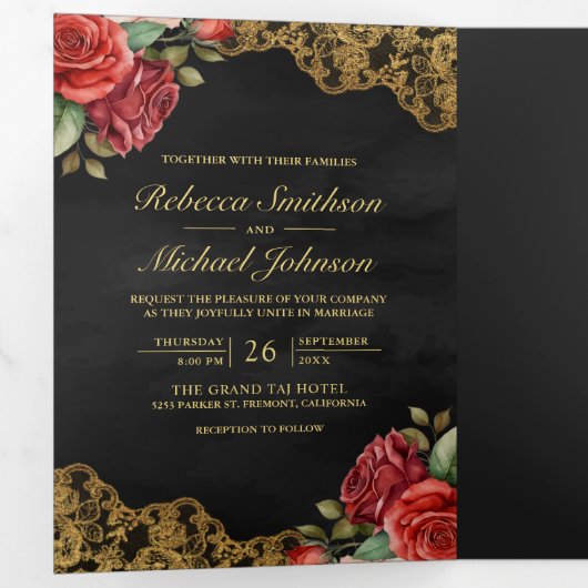 Invitation Trois Volets Red Roses Gold Lace Black QR Code Mariage photo (Intérieur en premier)