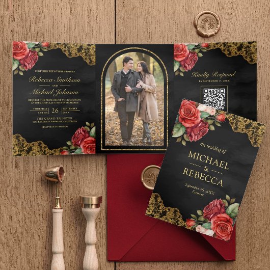 Invitation Trois Volets Red Roses Gold Lace Black QR Code Mariage photo