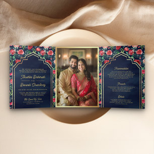Invitation Trois Volets Red Roses Marine Blue Floral or Mariage indien