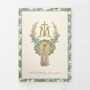 Invitation Trois Volets Religieux Anniversaire Vierge Marie Bleu Floral 