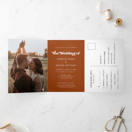 Invitation Trois Volets Retro brûlé orange tout-en-un photo mariage (Intérieur)