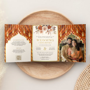 Invitation Trois Volets Rideau floral orange brûlé Mariage indien hindou
