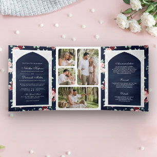 Invitation Trois Volets Robe de mariage indien en dentelle florale bleu fo