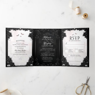 Invitation Trois Volets Romance gothique Noir & Blanc "Ensemble avec"
