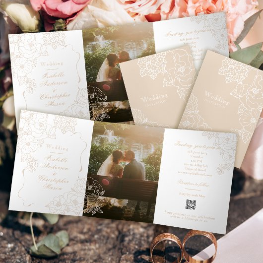 Invitation Trois Volets Romantic Wedding Peonies Delicate Ivory White