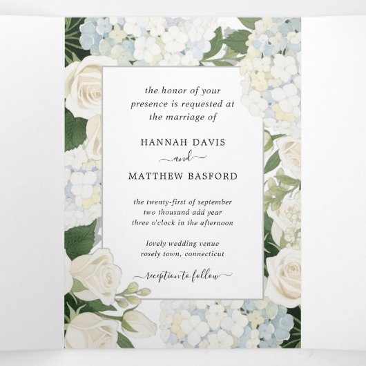 Invitation Trois Volets Romantique Blanc Hydrangea Rose Élégant mariage Tr (Intérieur au milieu)