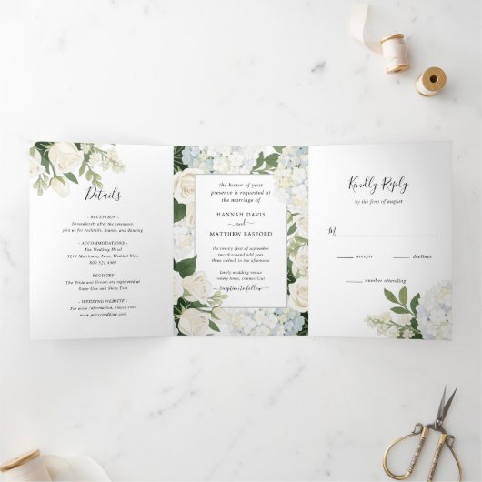 Invitation Trois Volets Romantique Blanc Hydrangea Rose Mariage élégant (Intérieur)