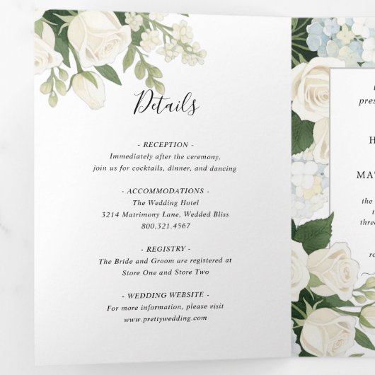 Invitation Trois Volets Romantique Blanc Hydrangea Rose Mariage élégant (Intérieur en premier)