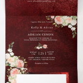Invitation Trois Volets Romantique Bourgogne Blush rose mariage Floral (Intérieur au milieu)