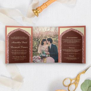 Invitation Trois Volets Rose dorée poudrée et scintillante pour mariage in