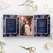 Invitation Trois Volets Rose en marbre bleu marine Parties scintillant d'o