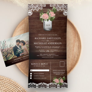 Invitation Trois Volets Rose en Poussière de Bois Rustique dans un Pot Mas