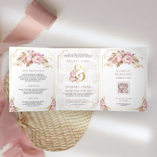 Invitation Trois Volets Rose Floral Doré Tout en Un Mariage Rêveur et Doux