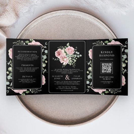 Invitation Trois Volets Rose Floral Eucalyptus Noir Code QR Mariage