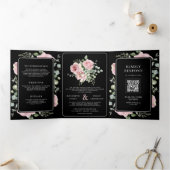 Invitation Trois Volets Rose Floral Eucalyptus Noir Code QR Mariage (Intérieur)