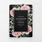 Invitation Trois Volets Rose Floral Eucalyptus Noir Code QR Mariage (Page de couverture)