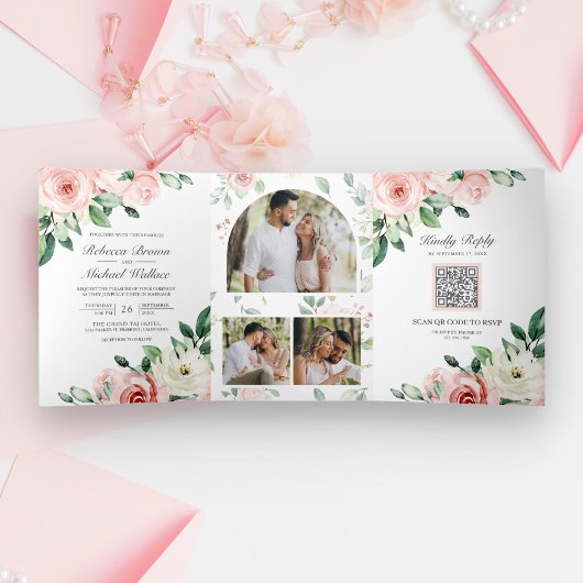 Invitation Trois Volets Rose Floral Mariage Code QR Tout en Un
