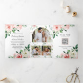 Invitation Trois Volets Rose Floral Mariage Code QR Tout en Un (Intérieur)
