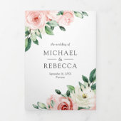 Invitation Trois Volets Rose Floral Mariage Code QR Tout en Un (Page de couverture)