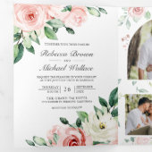 Invitation Trois Volets Rose Floral Mariage Code QR Tout en Un (Intérieur en premier)