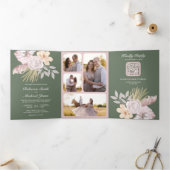 Invitation Trois Volets Rose Florale Verte Sage Rustique Code QR Mariage (Intérieur)