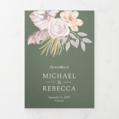 Invitation Trois Volets Rose Florale Verte Sage Rustique Code QR Mariage (Page de couverture)