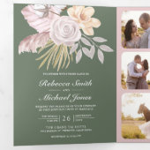 Invitation Trois Volets Rose Florale Verte Sage Rustique Code QR Mariage (Intérieur en premier)