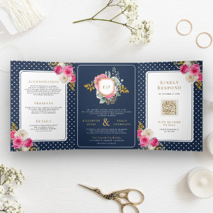 Invitation Trois Volets Rose Fuchsia Floral Tout en Un Crest Navy Mariage