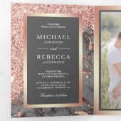 Invitation Trois Volets Rose Gold Ardoise Grise Marbre Code QR Mariage (Intérieur en premier)