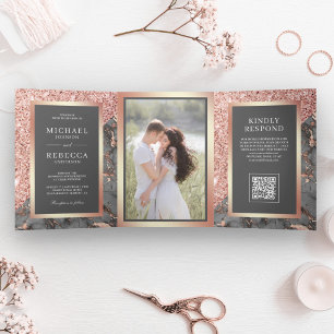 Invitation Trois Volets Rose Gold Ardoise Grise Marbre Code QR Mariage