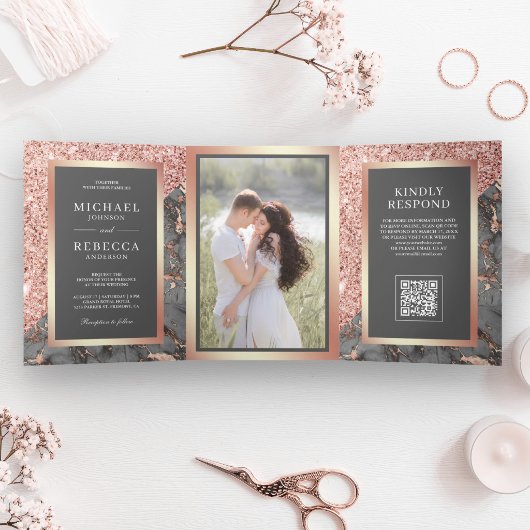 Invitation Trois Volets Rose Gold Ardoise Grise Marbre Code QR Mariage