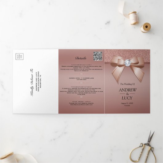 Invitation Trois Volets Rose Gold Bijou Gem Arc Code QR Mariage (Extérieur)