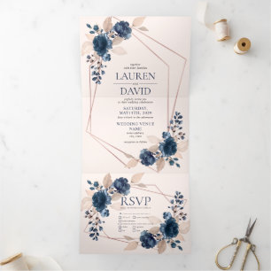 Invitation Trois Volets Rose Gold Dusty Rose Marine Floral Géométrique