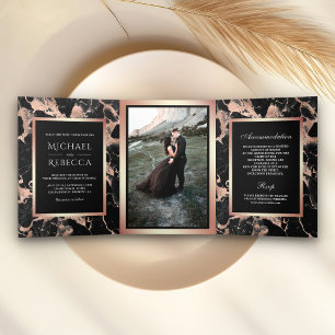 Invitation Trois Volets Rose Gold en feuille sur fond de marbre noir Charb